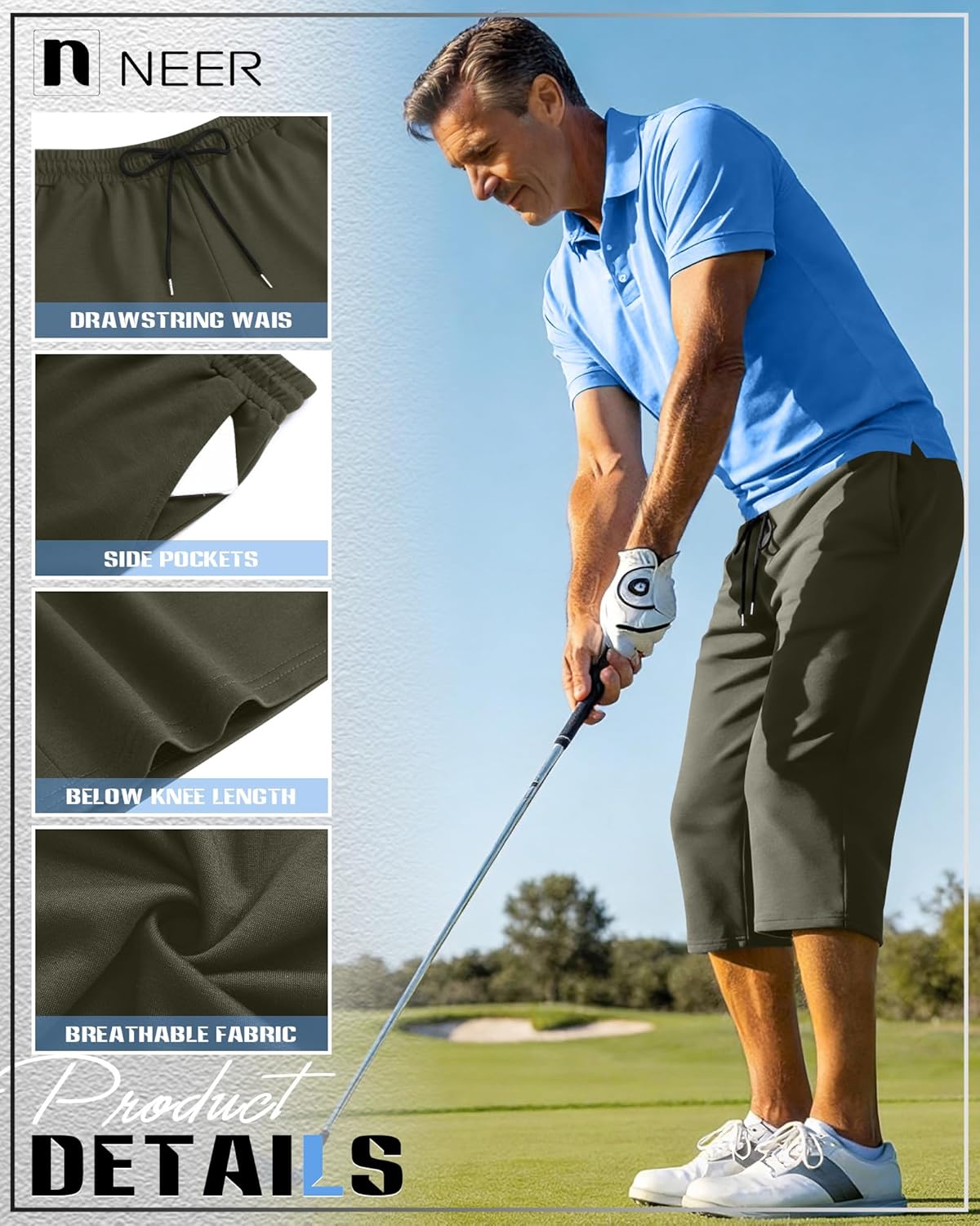 Neer 3 Pack Men's Baggy Capri Pants Plus Size Below Knee Casual 3/4 Shorts Big and Tall Summer Drawstring Pants with Pockets - Image 5