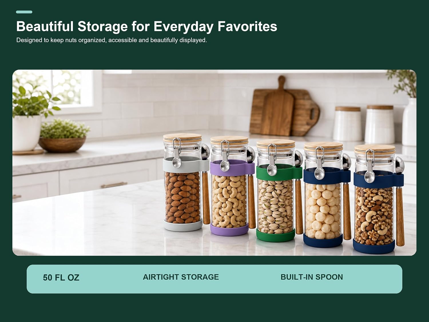 KKC Nut Storage Container Airtight Glass Jar 1500ml 50 oz - Airtight Pantry Storage Canister with Bamboo Lid, Silicone Protective Sleeve & 1 TBSP Long Wooden Handle Spoon for Walnut Almond Pecan