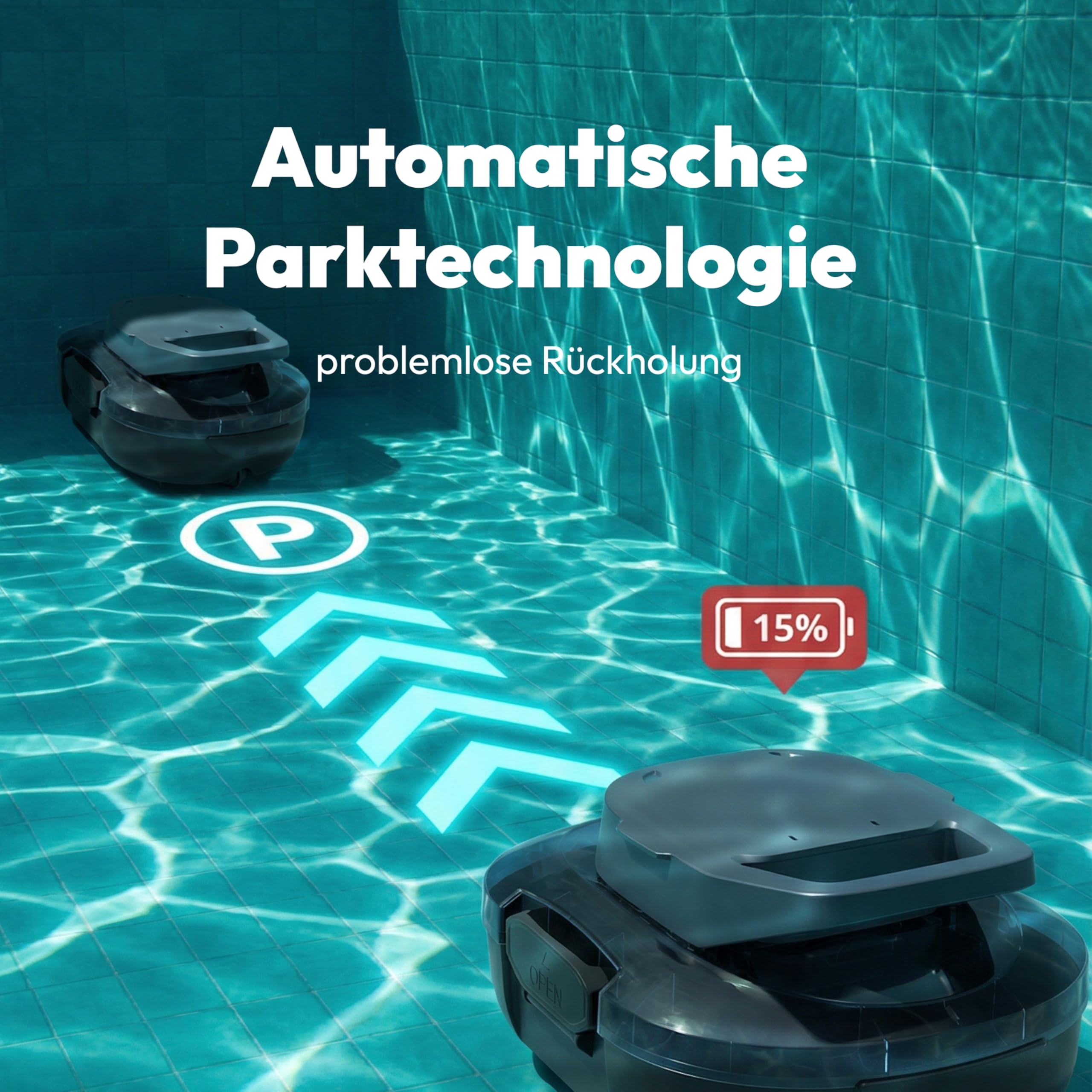 MEDION PR1 Poolroboter Akku, für Aufstellpool, Bodenreinigung für Pools, One-Click-Bedienung, Selbstparkfunktion, 120 Min Akkulaufzeit, 2,2 L Filterkapazität, für 80–100 m², inkl. Ladegerät & Haken