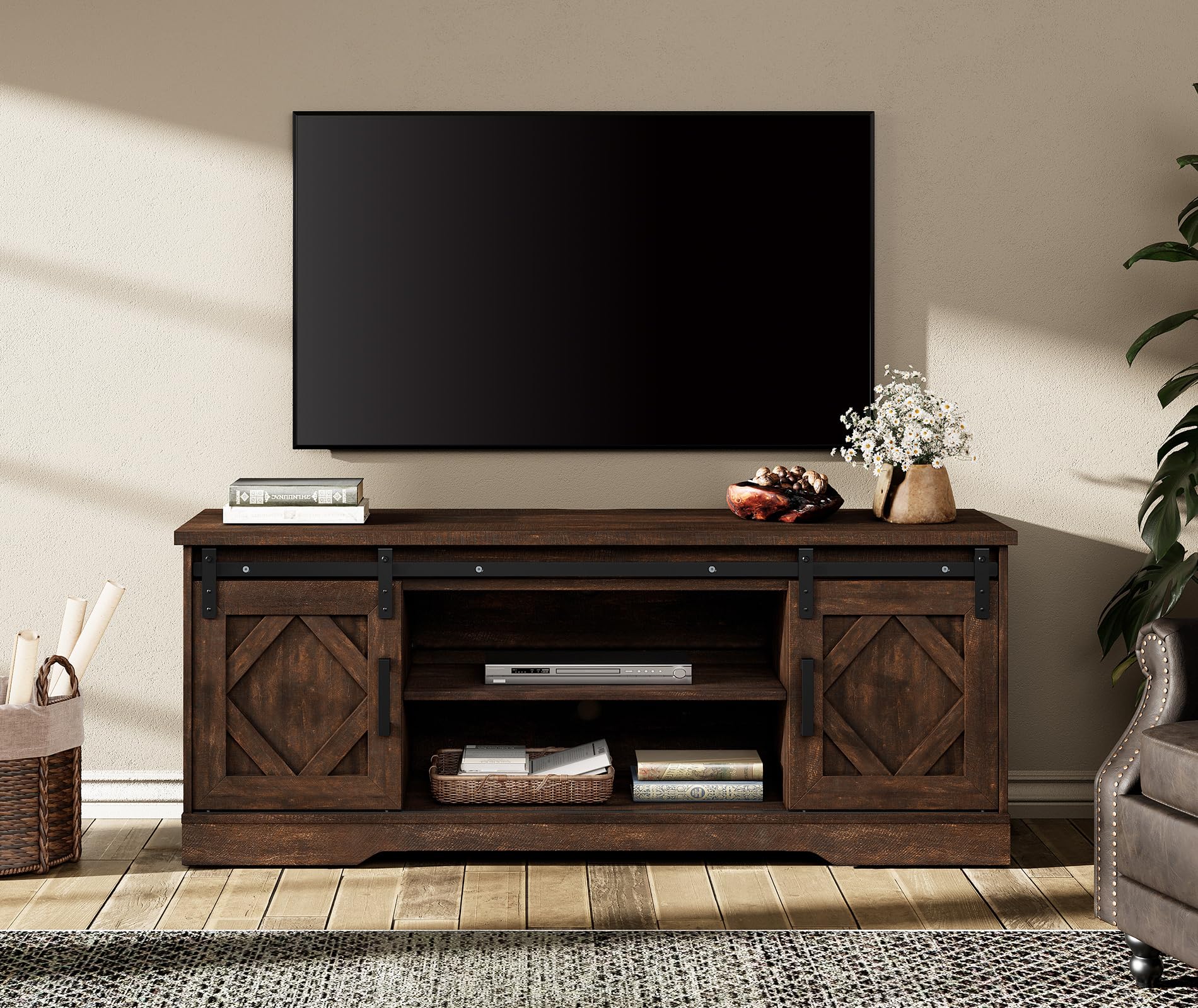 WAMPAT Modern Farmhouse TV Stand for up to 65" TV with Sliding Barn Door, 23.6" H Wood Entertainment Center with Adjustable Media Storage Shelf for Living Room, Dark Walnut Brown