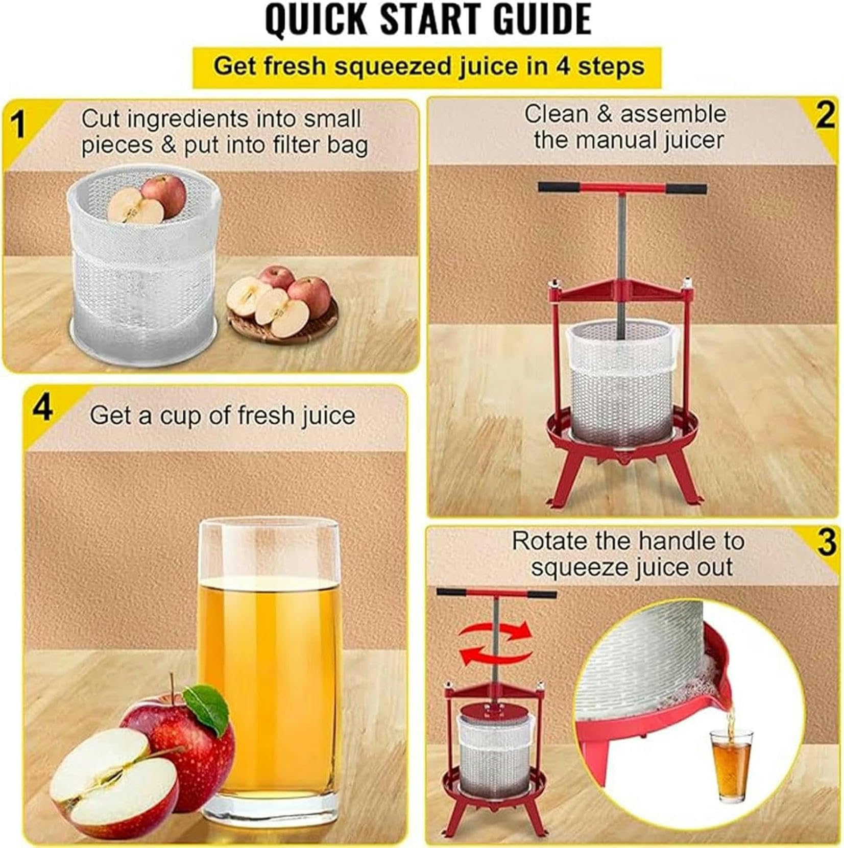 Prensa de Frutas de 14 l, para Hacer Vino y Sidra, Cesta Hueca de Acero Inoxidable, Base Resistente y Estable, Prensa ergonómica con Mango en T para huertos y Temporada de Cosecha~/