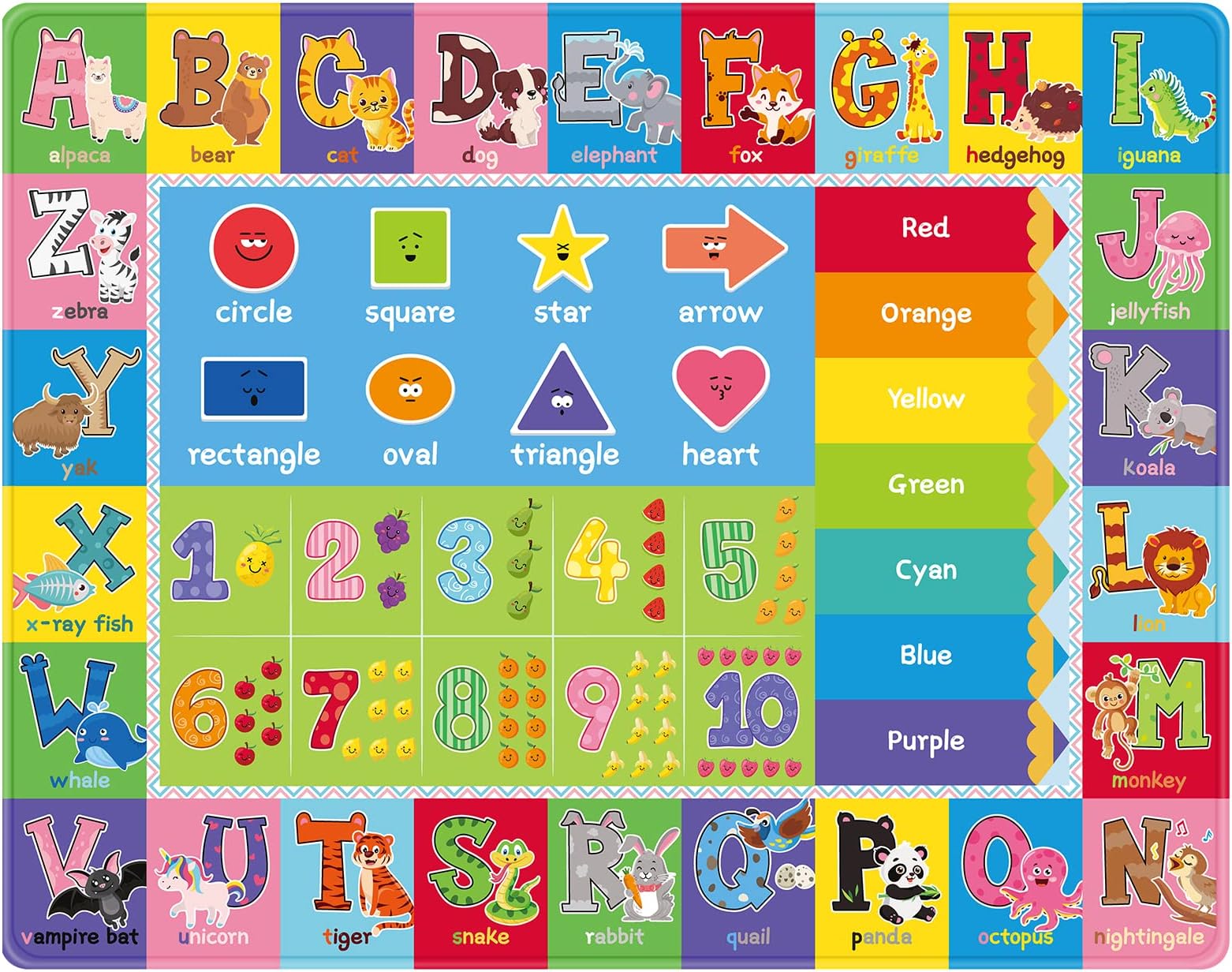 Baby Play Mat, Super Soft Playmat Baby Crawling Mat Foldable Non-Slip Floor Mat for Toddlers, Thick Baby Play Floor Mat with Colorful Alphabets and Animals,150 x 100cm (A)
