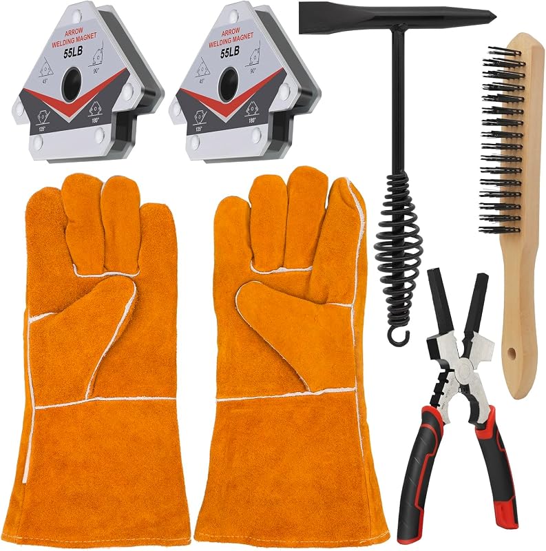 Accesorios de soldadura, 6 piezas, martillo cincelador de 10,5 pulgadas, guantes de soldadura de cuero de 13,5 pulgadas, alicates Welpers 6 en 1 de 8 pulgadas, cepillo de alambre de 11 pulgadas, imán de soldadura de 50 libras