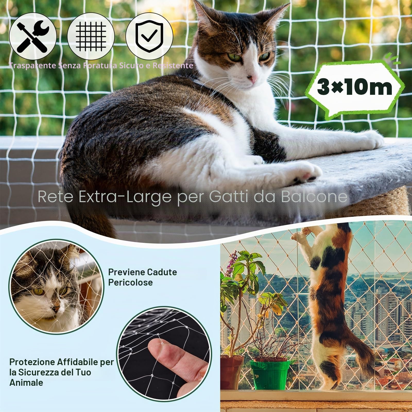 Rete per gatti per balcone, 10 x 3 m, senza fori, resistente ai raggi UV e agli strappi, rete trasparente in nylon per gatti (con kit di fissaggio), rete di protezione per gatti, per finestre | Senza fori, resistente ai raggi UV, antistrappo, con kit di f