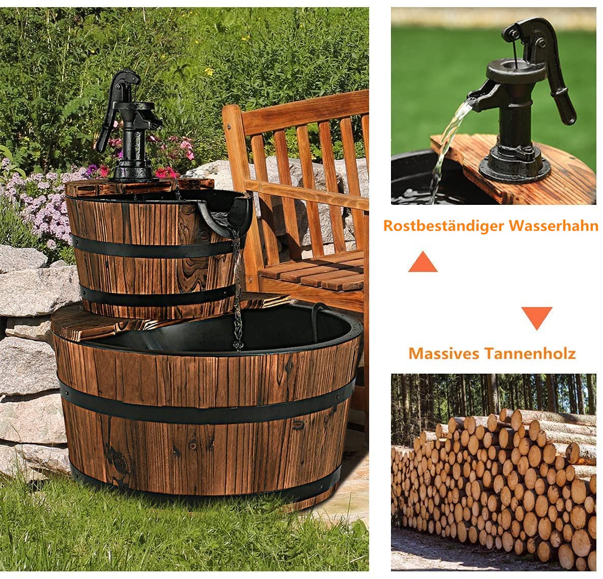 RELAX4LIFE Fuente de jardín de Madera de Abeto, Fuente Ø44,5cm con Bomba de Agua, Fuente de 2 Pisos con caudal de Agua Regulable, Circuito de Agua Cerrado, 19L, Fuente Decorativa para jardín