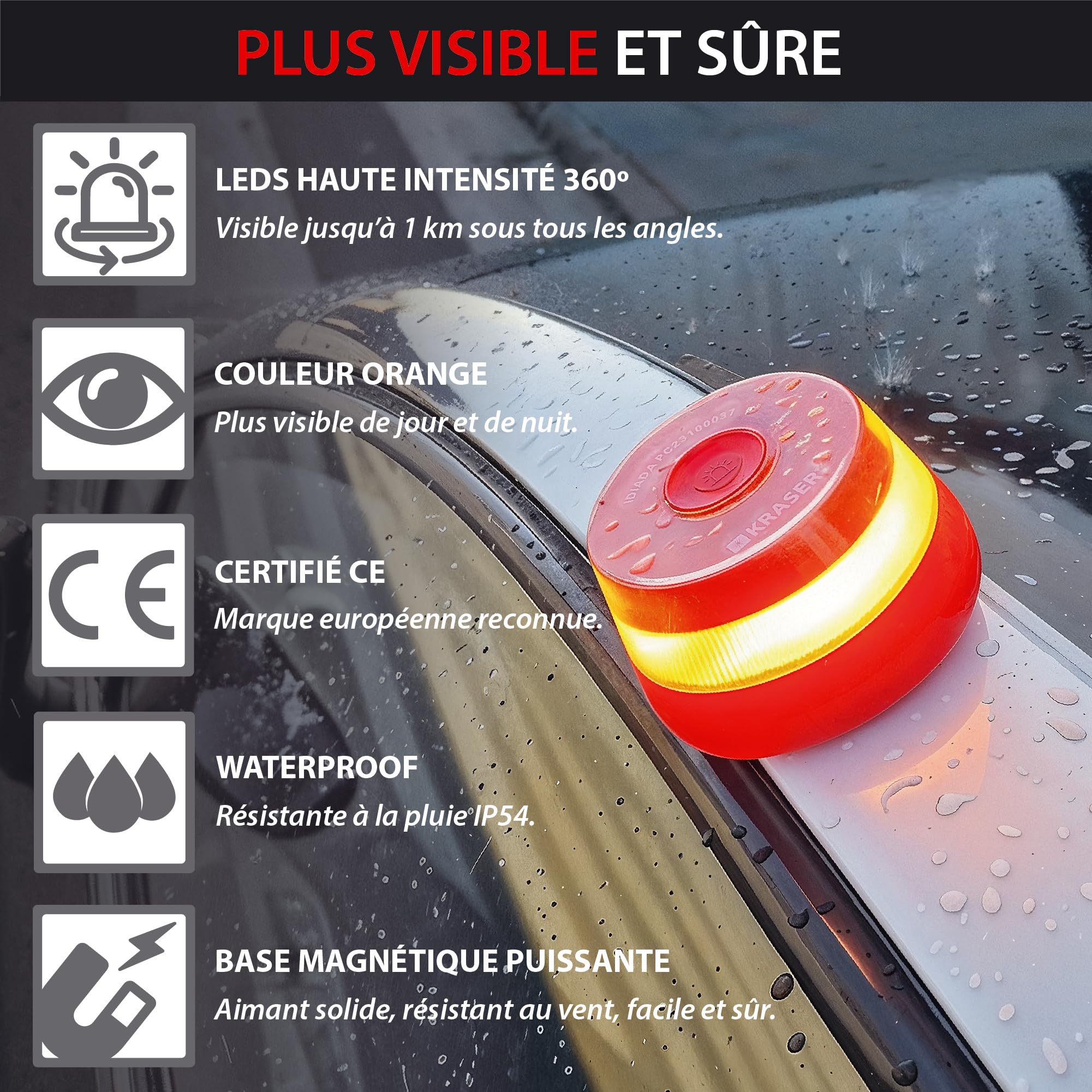 KRASER KRV16IOT Lumière d'urgence V16 Homologuée DGT 3.0 LED 360° Balise Magnétique avec Géolocalisation Avancé et carte SIM