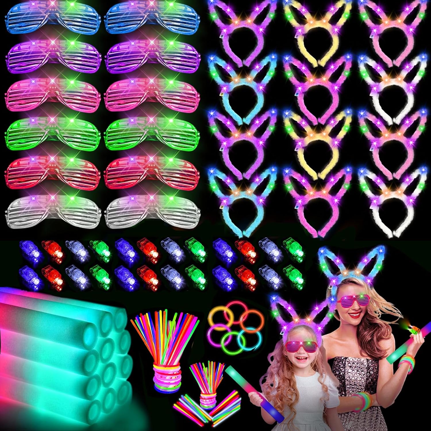 260 Glow in the Dark Party Supplies:Glow Sticks Bulk Party Pack, Glowsticks,Foam Glow Sticks, LED Glasses, Finger Lights,Glow Rabbit Ear Headband,Hora Loca,Birthday party