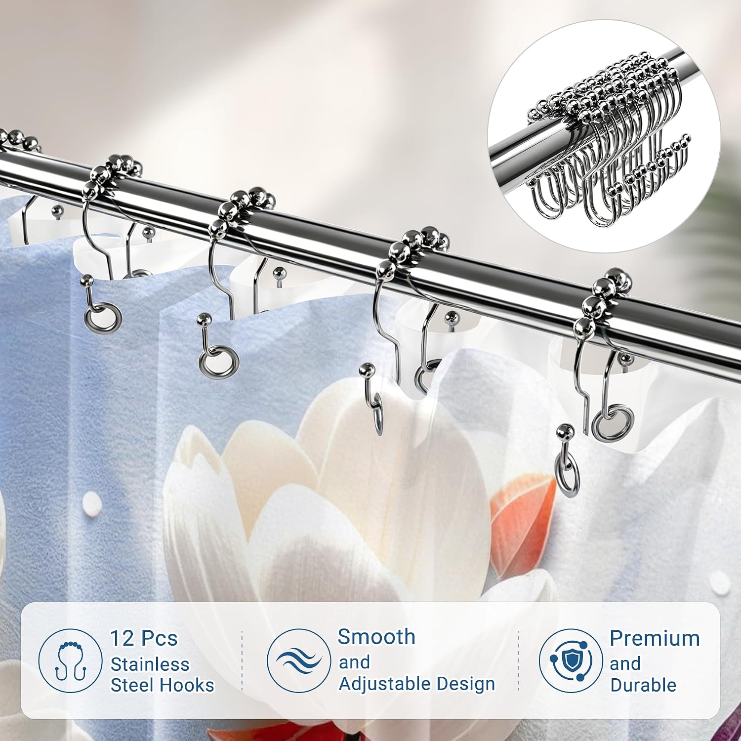 Chrainy 3 in 1 Double Layer Blue Floral Shower Curtain and Liner Set