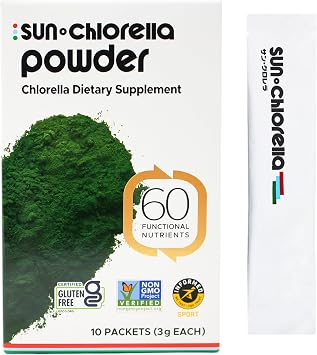Sun Chlorella Powder Green Superfood Algae - Chlorophyll, Chlorella Growth Factor, Active B12 & Iron Supplement Drink Mix - Pulverized Cell Wall - Non-GMO, Vegan & Gluten-Free - 10 Packets 3g ea 30g