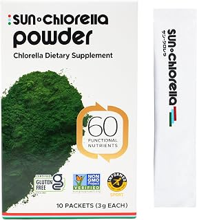 Sun Chlorella Powder Green Superfood Algae - Chlorophyll, Chlorella Growth Factor, Active B12 & Iron Supplement Drink Mix - Pulverized Cell Wall - Non-GMO, Vegan & Gluten-Free - 10 Packets (3g ea) 30g