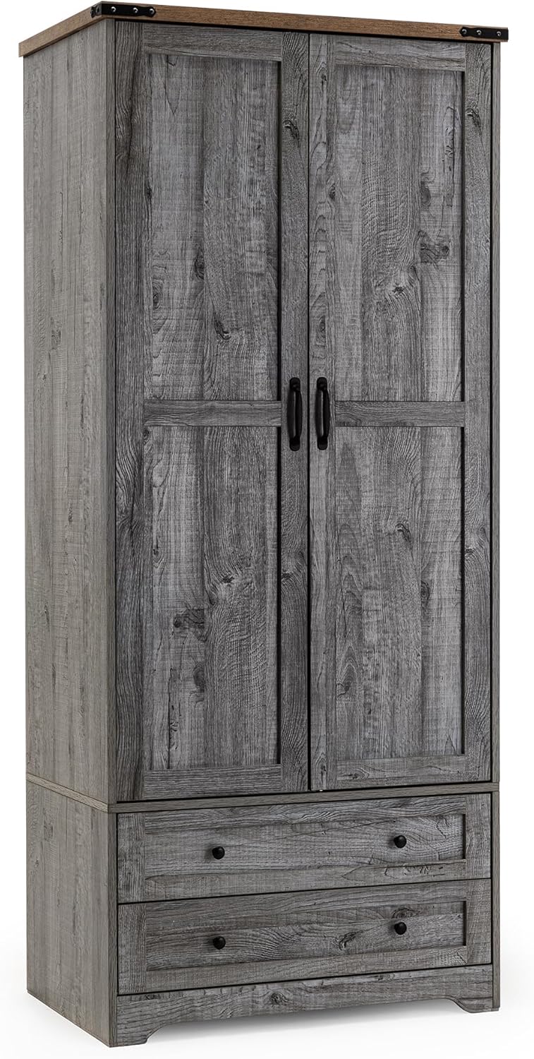 Yechen 71" Wooden Armoire Wardrobe Closet Set of 2- Modern Functional Clothes Tall Storage Cabinet with Adjustable Shelf and Hanging Rail, Sturdy Freestanding Closet with 2 Wide Drawers (Grey)