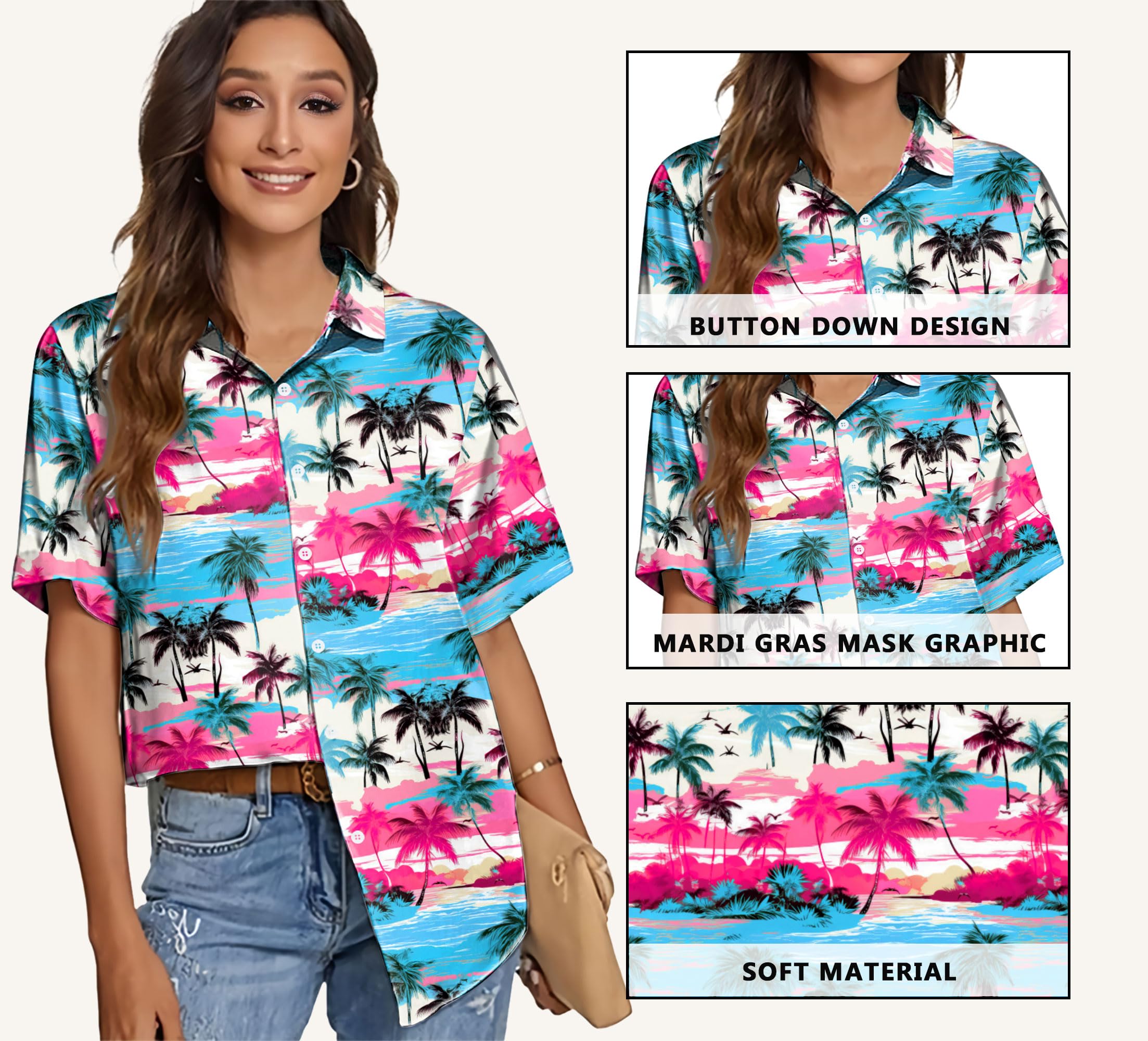 tiorhooe Camicia hawaiana da donna con albero tropicale a maniche corte, abbottonatura estiva, spiaggia, vacanza