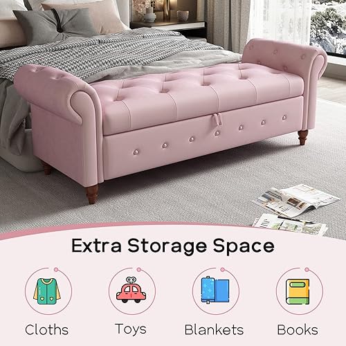 Miniatura 39 de NIOIIKIT Banco otomano de almacenamiento de 63 pulgadas, banco de entrada con botones al final de la cama, sofá otomano armado enrollado para Beige
