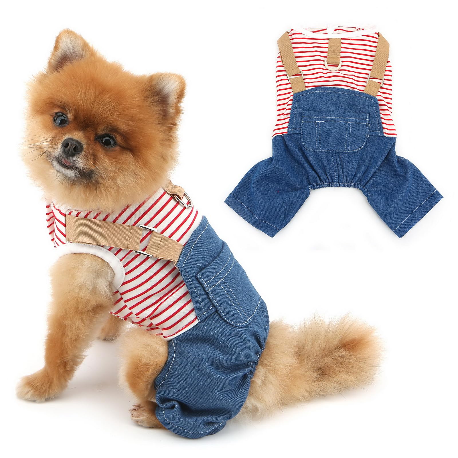 PAIDEFUL Dog Outfits Denim Dogs Overalls Classic Stripe Shirts Bib Pants for Cats Summer Cool Dog Clothes Doggie Jean Jumpsuit Onesie Puppy T-Shirt Apparel with Pocket D-ring,Red,XL