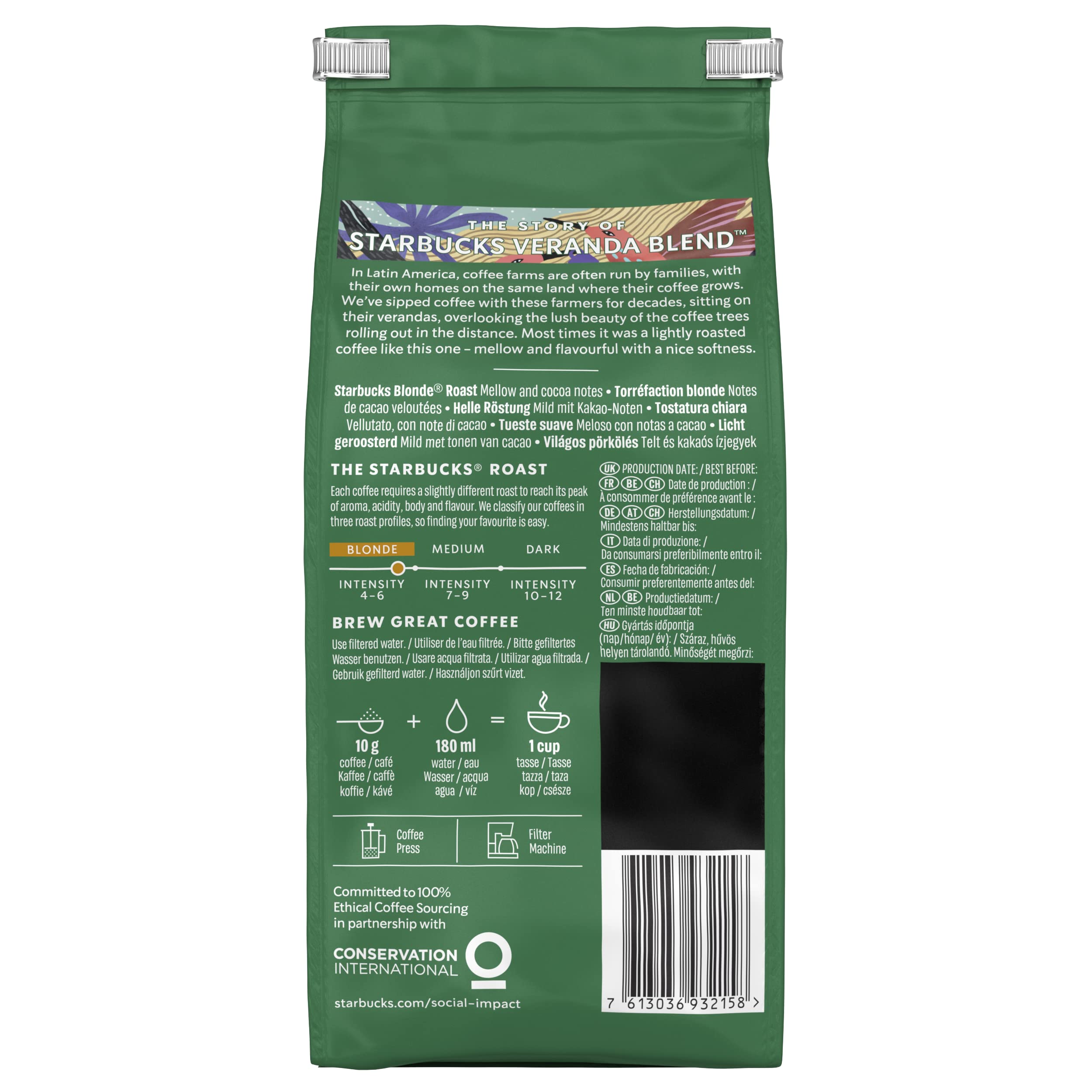 STARBUCKS Veranda Blend Caffè Macinato Tostatura Leggera, 6 Sacchetti da 200g (1,2kg)