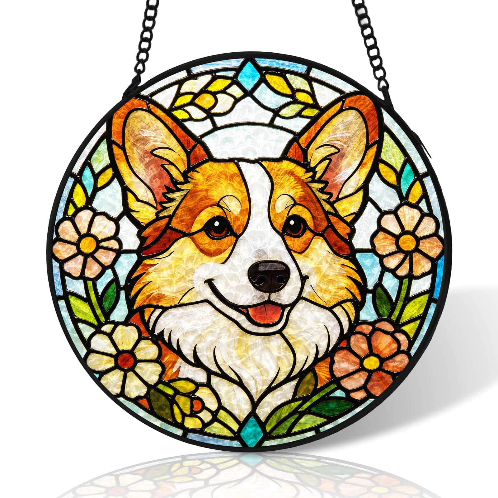 Corgi Dog and Flower Stained Glass Suncatcher Windows Hanging,6 inch Stained Glass Ornament Home Decor,Suncatchers for Windows Hanging,Birthday Gifts for Women,Lovers,Friend(Black) — image 1