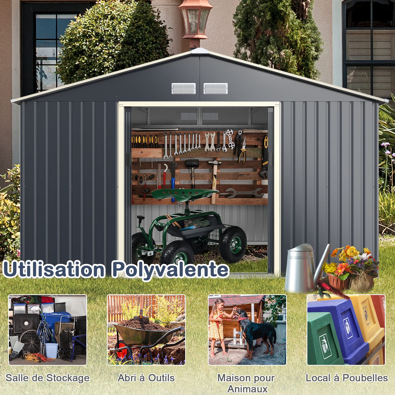 GOPLUS 8,08㎡ Abri de Jardin Métal Galvanisé, Cabine de Jardin Extérieur Portes Coulissantes, Résistant aux Intempéries, Cabane de Rangement à Outils, 16,97m³, 330 x 255 x 210 cm, Gris