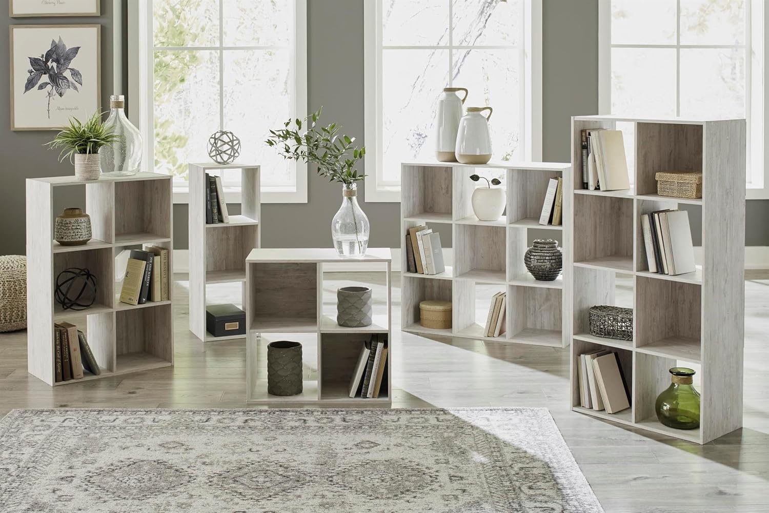 BOWERY HILL Eight-Cube Engineered Wood Organizer, Distressed White Wash Finish, 47 in Tall, Coastal Cottage Style Storage for Bedroom or Living Room, Open and Closed Back Design