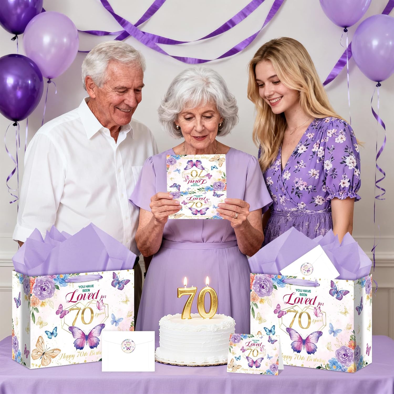 70th Birthday Gifts for Women Butterfly 70th Birthday Gift Bag with Purple Wrapping Paper Card Sticker Envelope for Her, Wife, Mom, Grandma, Sisters, Cheers to 70 Years Old Presents 1956 Party Decorations - Image 5