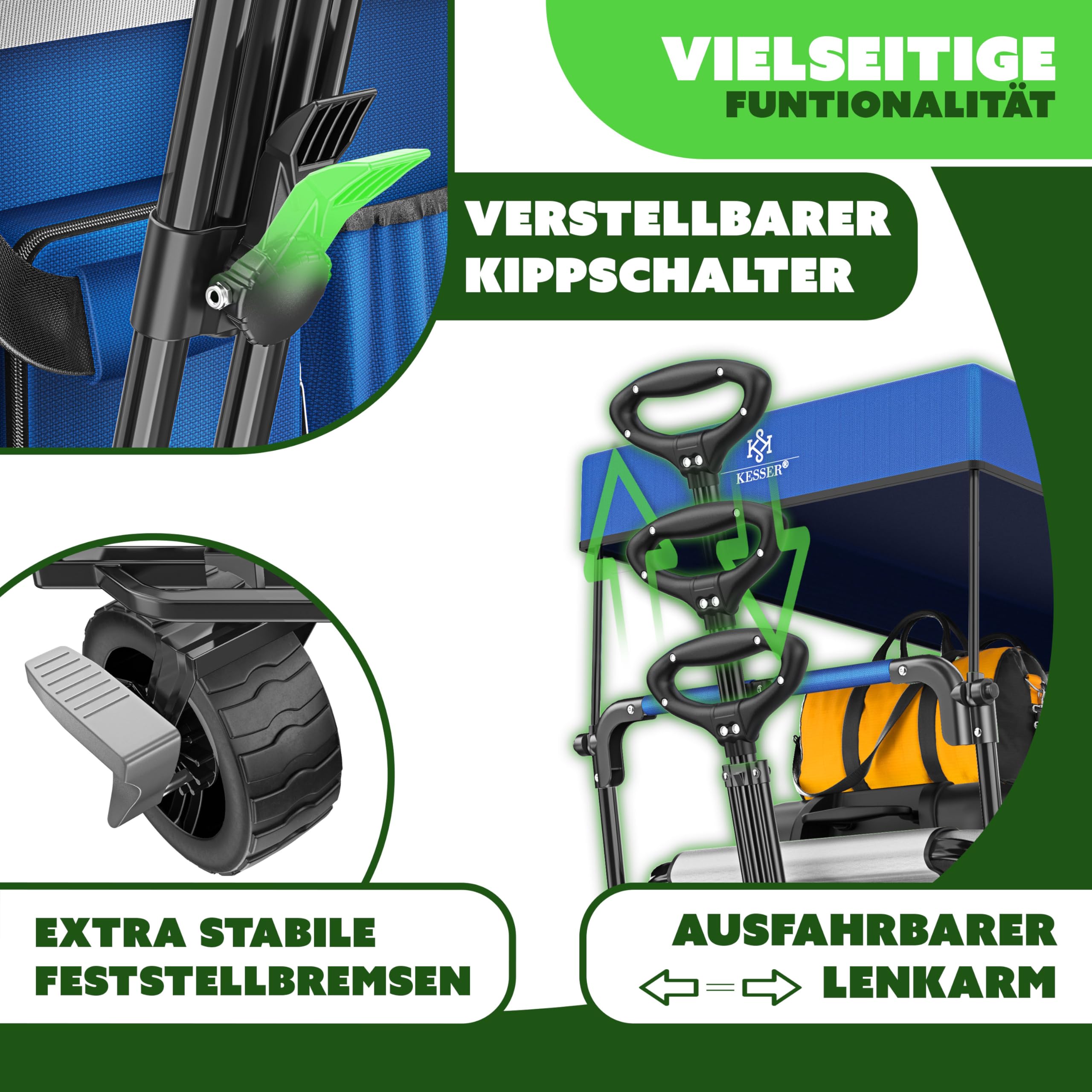 KESSER® Bollerwagen faltbar GT9000 Handwagen mit Dach | Transportwagen max. belastbar bis 150kg mit Hartgummi-Räder & Feststellbremsen (Vorne & Hinten) | Inkl. Schloss, Abdeckung & Sichtschutz