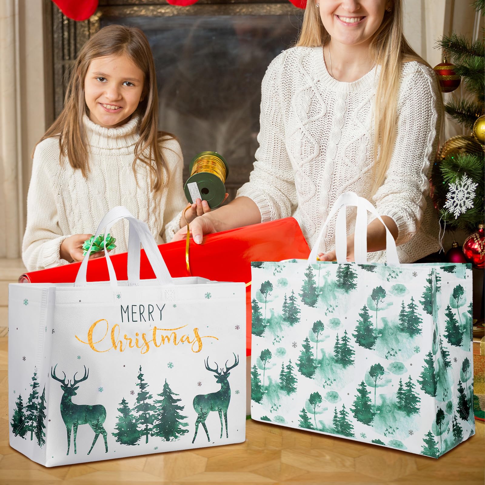 Hosuly 16 Pcs Large Christmas Gift Bags Christmas Bags with Handle Reusable Shopping Bags Reusable Non Woven Shopping Bag for Xmas Gifts Wrapping Party Supplies, 16.9 x 12.6 x 6.8 Inch (Fresh Style)