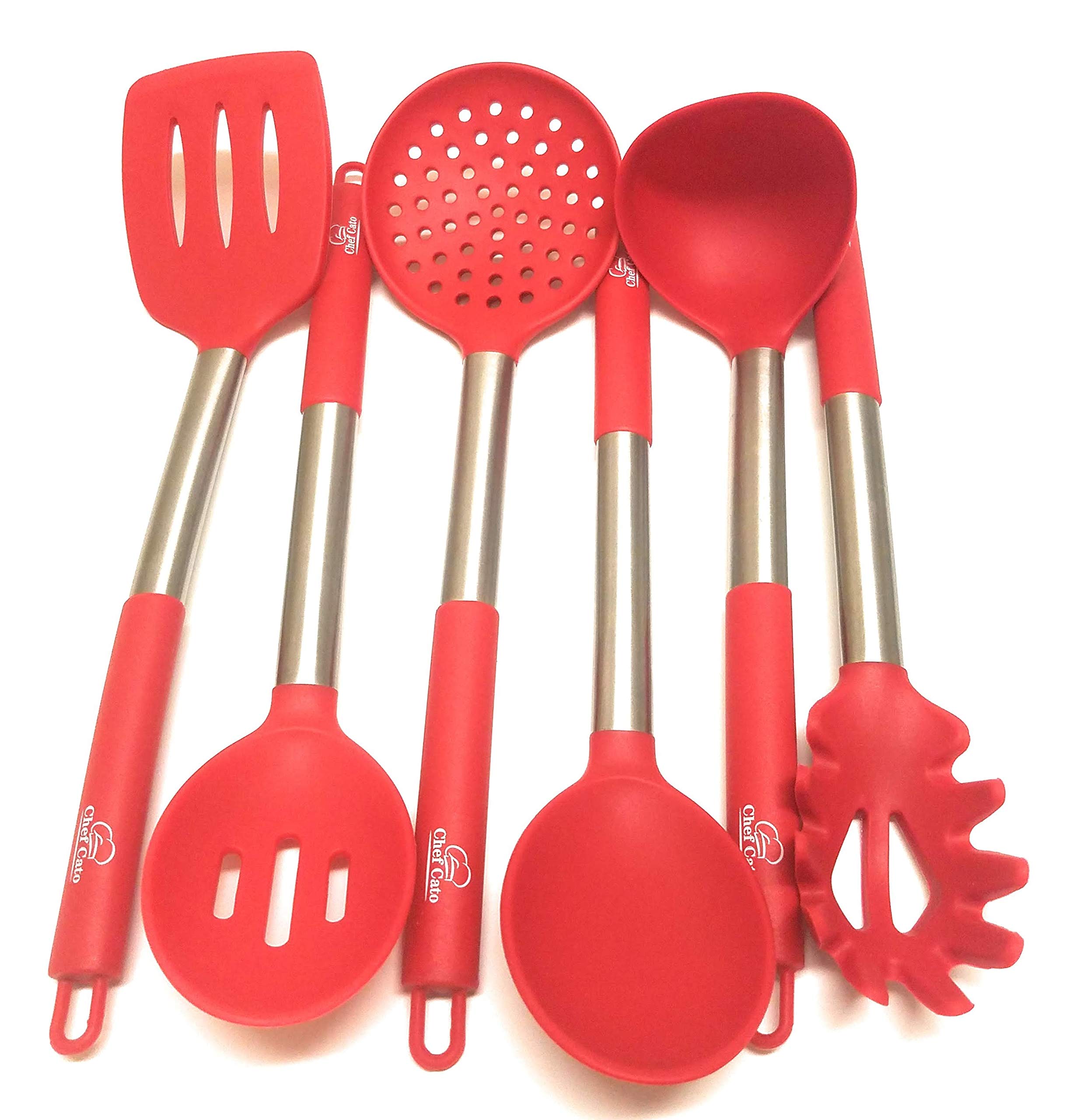 SOARRUCY Silicone Kitchen Utensil 6 Piece Set Non-Stick Durable and Heavy Duty. BPA Free Dishwasher Safe Heat Resistant up to 446 Degrees Fahrenheit. Stainless Steel Silicone Black (red)