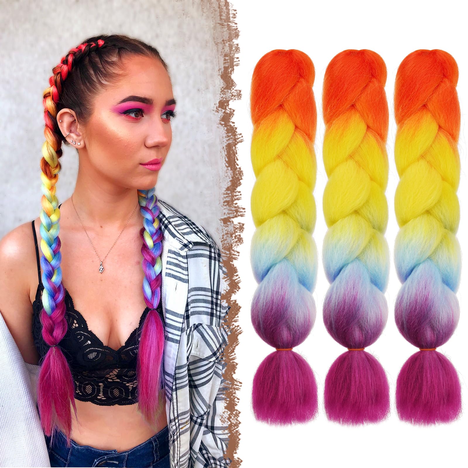 FESHFEN Kanekalon Extensiones para Trenzas 3 Piezas Extensión de Pelo Trenzado Africanas Sintético Jumbo Braiding Extensiones de Cabello Trenzado para Ganchillo, Naranja/Amarillo/Azul/Púrpura