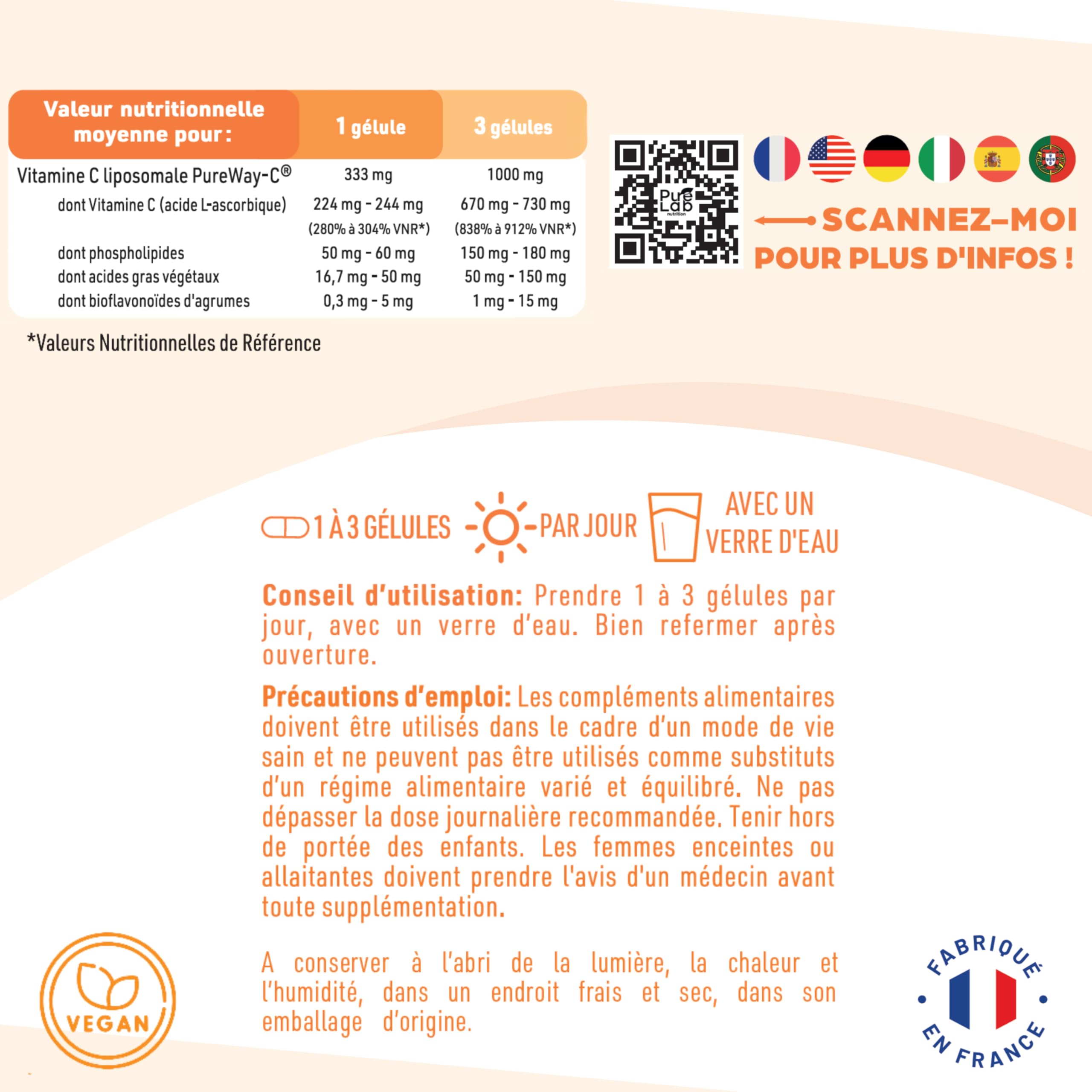Vitamine C Liposomale 1000mg - Haute Absorption - Immunité, Antioxydant, Tonus - Formule Brevetée PureWay™ - Sans Lactose, Sans Gluten - Fabriqué en France - 90 gélules, Cure de 1 à 3 mois
