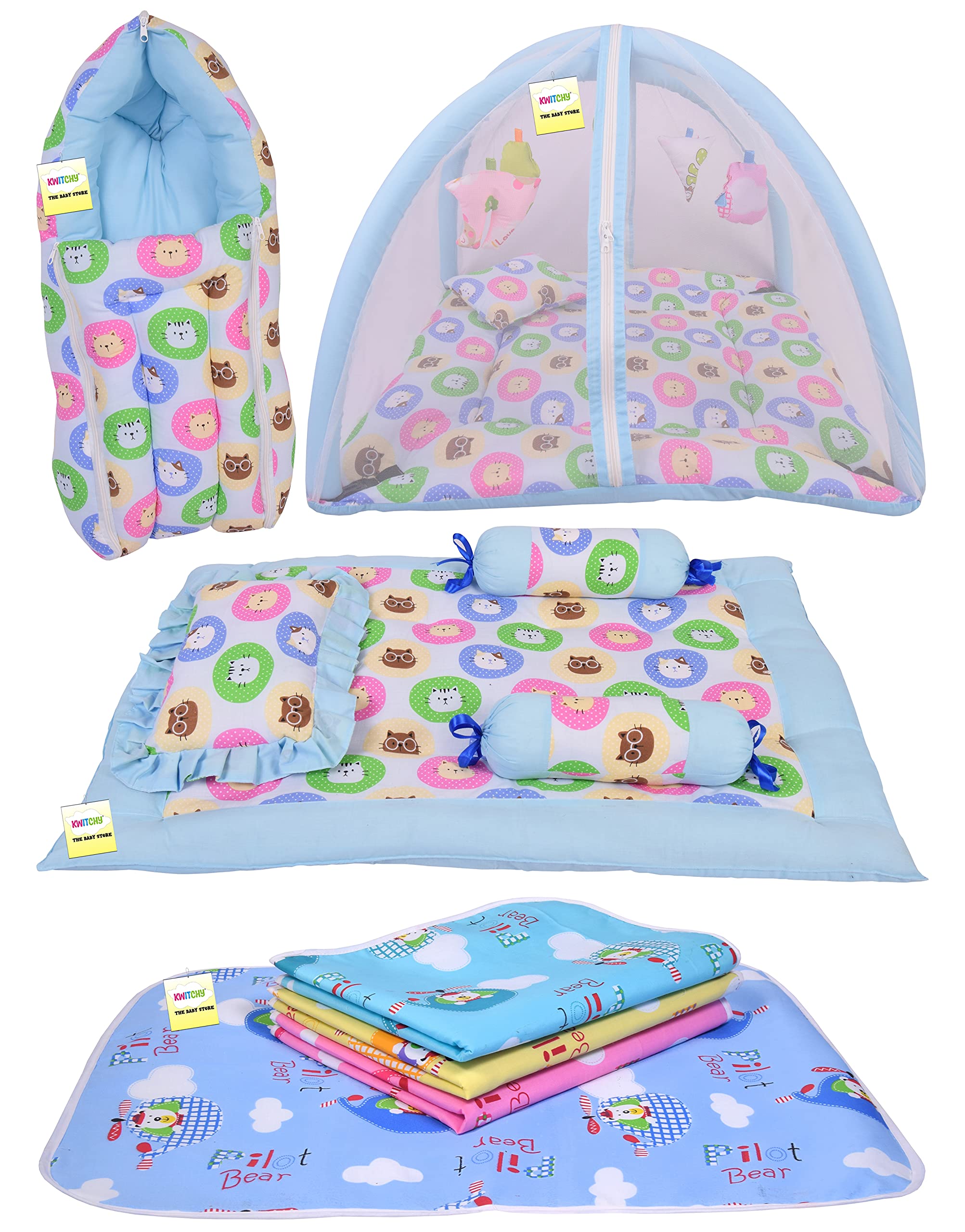 Kwitchy Flat Bed New Born Baby Bedding Combo of Net | 4 Pcs Gadda Set (0-6 Months) Orange (3PCS Set)