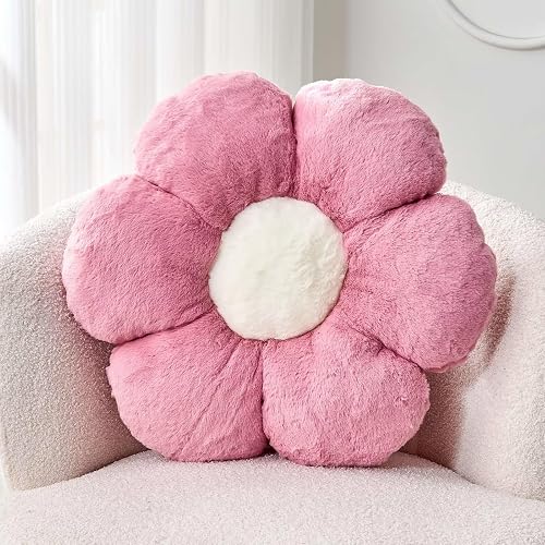 Kcvvcr Dusty Rose Flower Shaped Throw Pillow with Faux Rabbit Fur, 14.9" Soft Plush Throw Pillow for Bedroom & Living Room