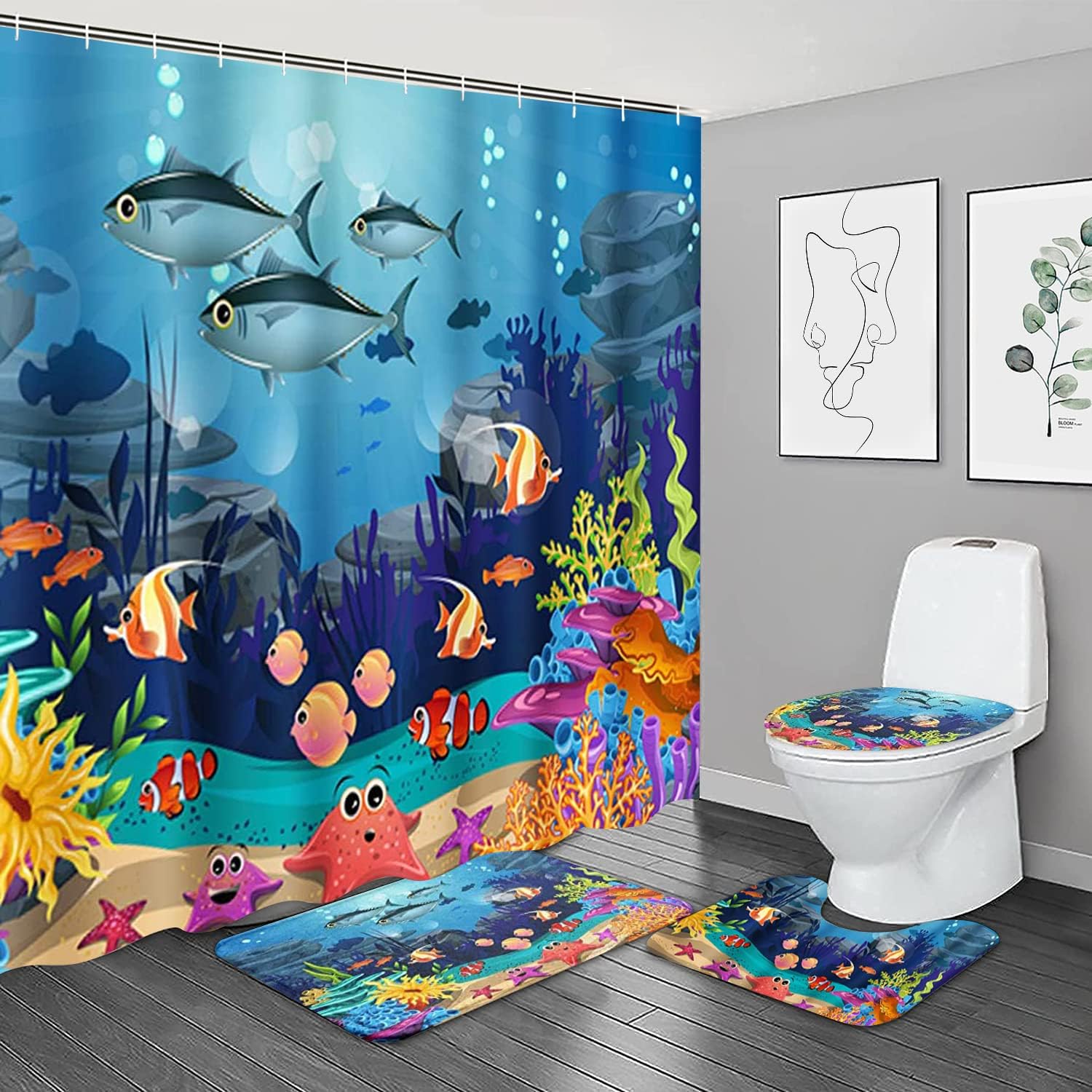 NBVKO 4PCS Cartoon Blue Ocean and Creature Shower Curtain Set with Non-Slip Rugs,Toilet Lid Cover and Bath Mat,Bathroom Decor Accessory Set