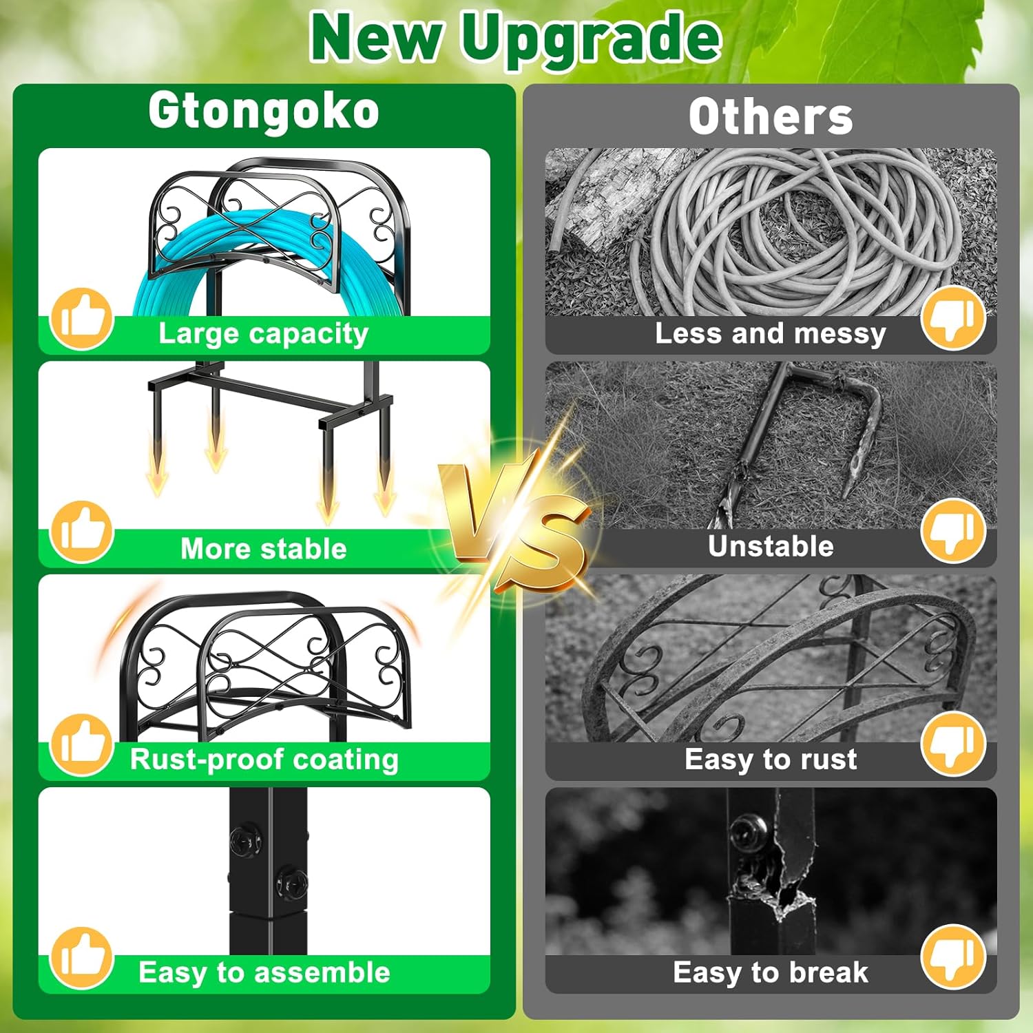 Gtongoko Garden Hose Holder for Outside 70 In With 4 Prongs Base & 2 Shepherds Hook Detachable Metal Water Hose Holder Freestanding Heavy Duty Organizer Holds 150FT Stand Hanger for Outdoor Black