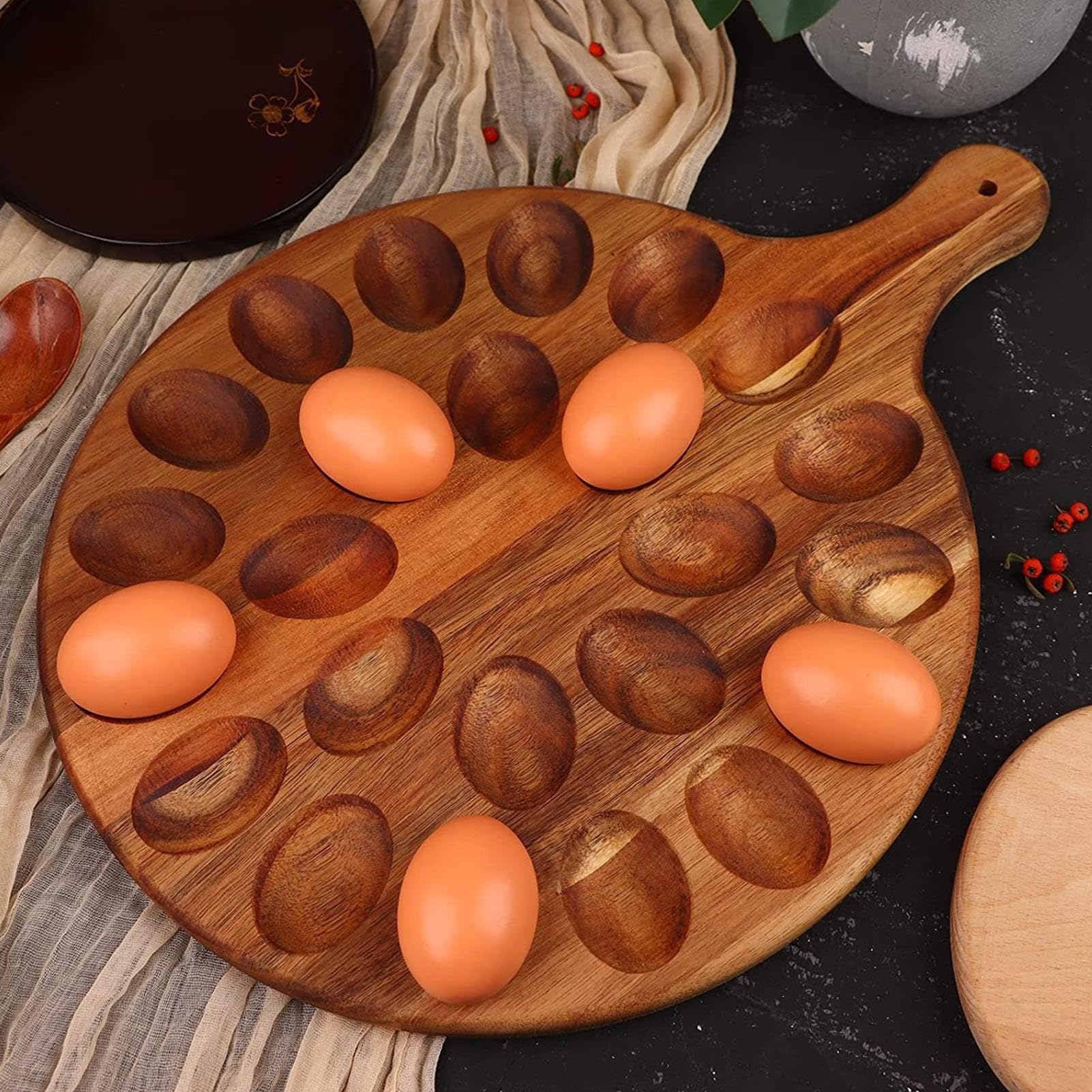 Plateau à Œufs Deviled En Bois - Présentoir Œufs Farcis, Portable, Rond - Pour Apéritif, Pique-nique