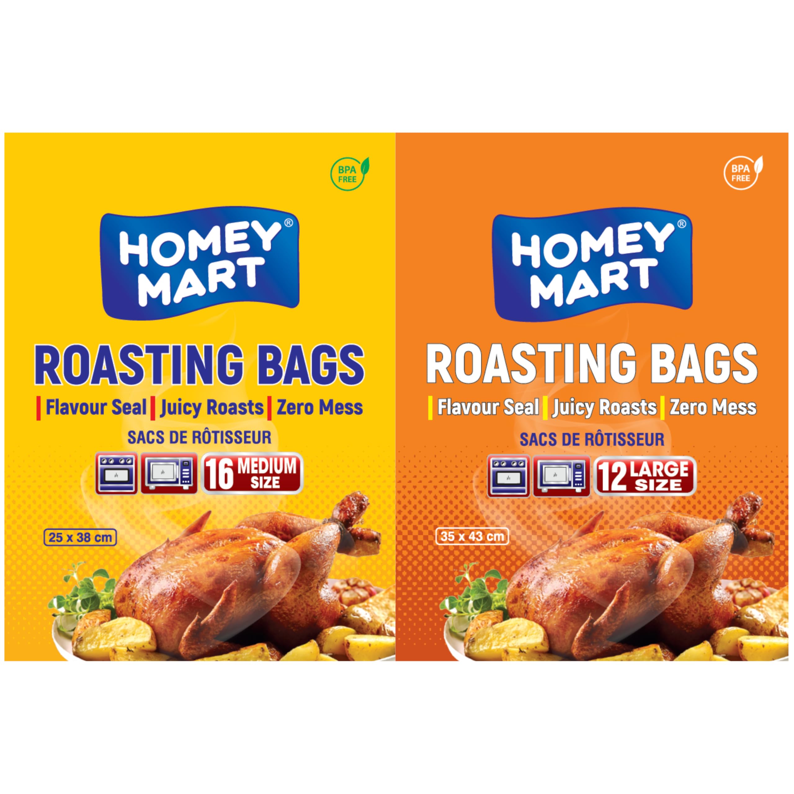 Homey Mart Clear Roasting Bags Flavour Seal Cooking Bags With Ties For Ovens And Microwaves Suitable For Roasting Chicken, Meat, Fish, Turkey & Vegetables - 16 X Medium & 12 X Large