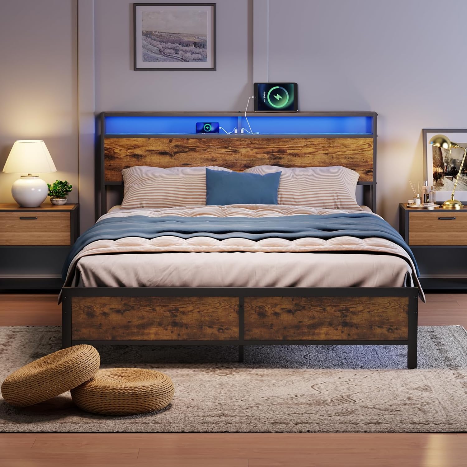 Anwick Industrial Full Bed Frame with LED Lights and 2 USB Ports, Bed Frame Full Size with Storage, Noise Free, No Box Spring Needed, Rustic Brown