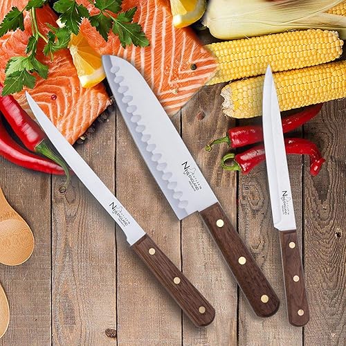 Miniatura 3 de New England Cutlery Cuchillo de chef Pro Santoku de acero inoxidable de alto carbono de 7 pulgadas con borde afilado de afeitar con mango de madera