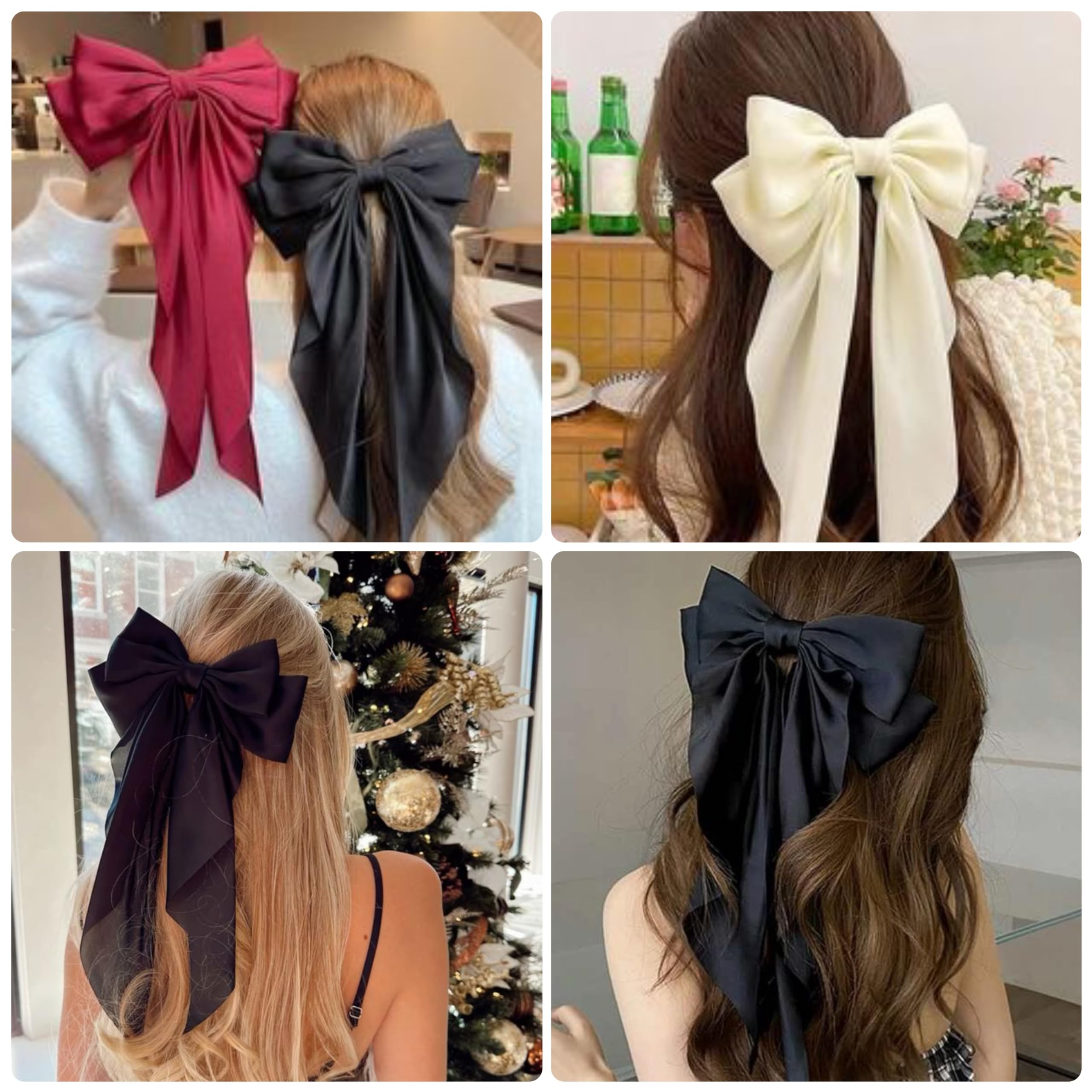 Hair Bows for Women - 3 Pcs Large Ribbon Hair Clips with Long Tail Tassels, Big Hair Barrettes for Girls (Black, Red, Beige) - Image 3