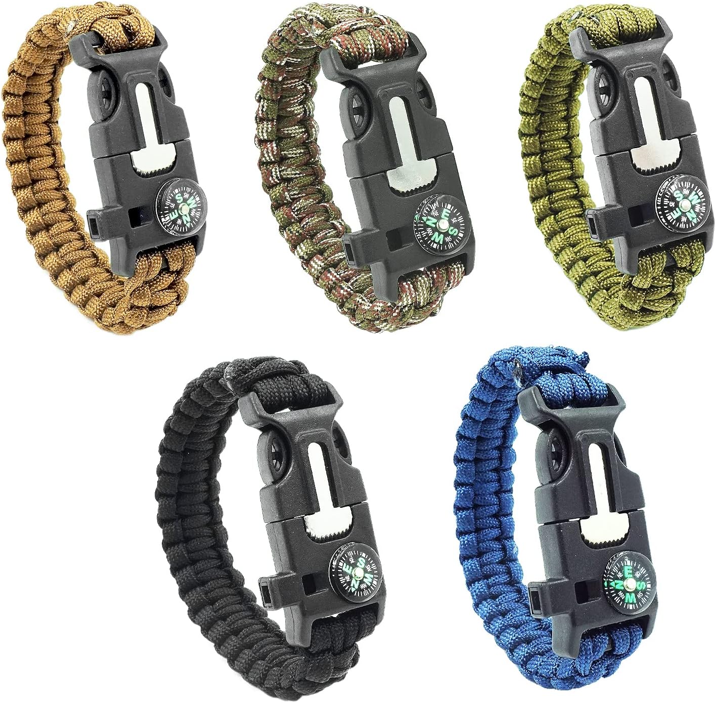 5Pcs Paracord Bracelets Ultimate Tactical Survival Gear Flint Fire Starter, Whistle, Compass Scraper, Best Wilderness Survival-Kit for Hiking, Camping, Fishing and Hunting & More Wilderness Adventure