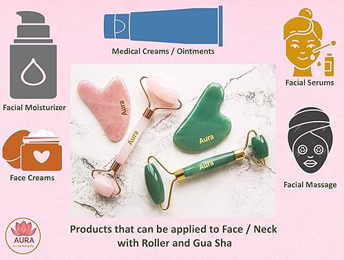 Miniatura 6 de Aura - Live life beautifully Juego de rodillos rosa y gua sha de cuarzo rosa 100% auténtico certificado de alta calidad para cuidado de la piel