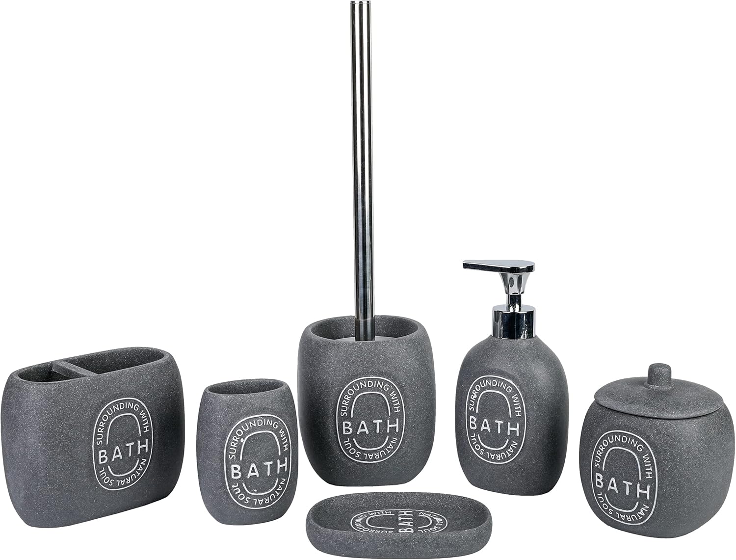 axentia Bathroom Accessories Set, 6 Piece Bathroom Set with Bath Lettering, Grey