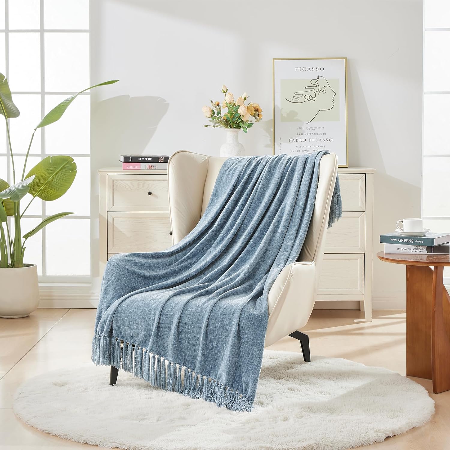 CozeCube Chenille Throw Blanket for Couch, Cozy Plush Fuzzy Decorative Dusty Blue Blanket with Fringe Tassels, Lightweight Throws for Bed Sofa Gift Home Decor, 60"X80" - Image 2