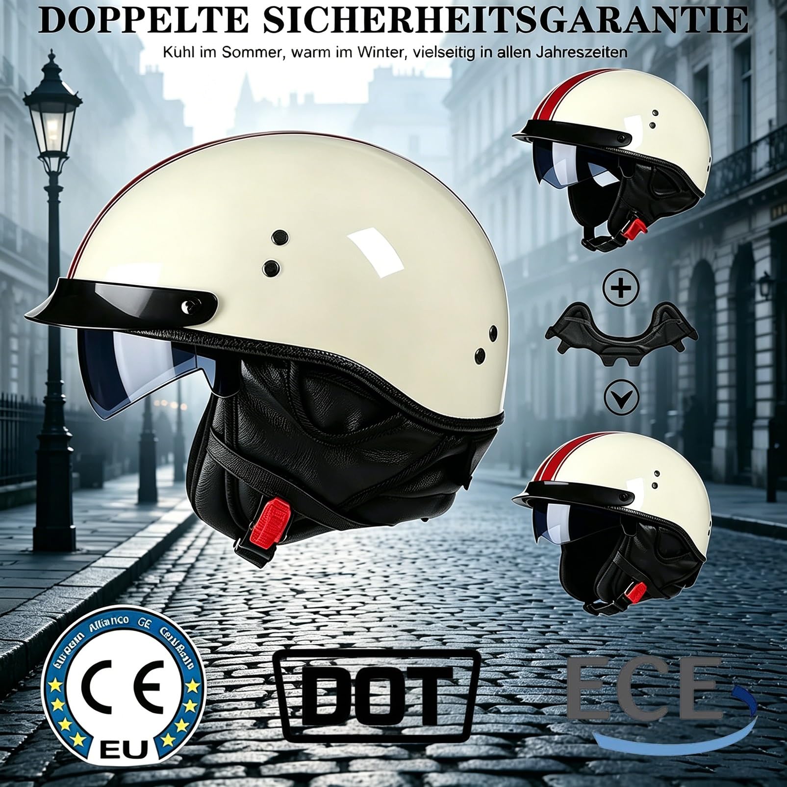 Kask Motocyklowy Jet Style Retro Stripe, Urban Cafe Racer z Blendą Przeciwsłoneczną, ECE 22.06, Otwarty Kask na Motor Cruiser Bobber Chopper