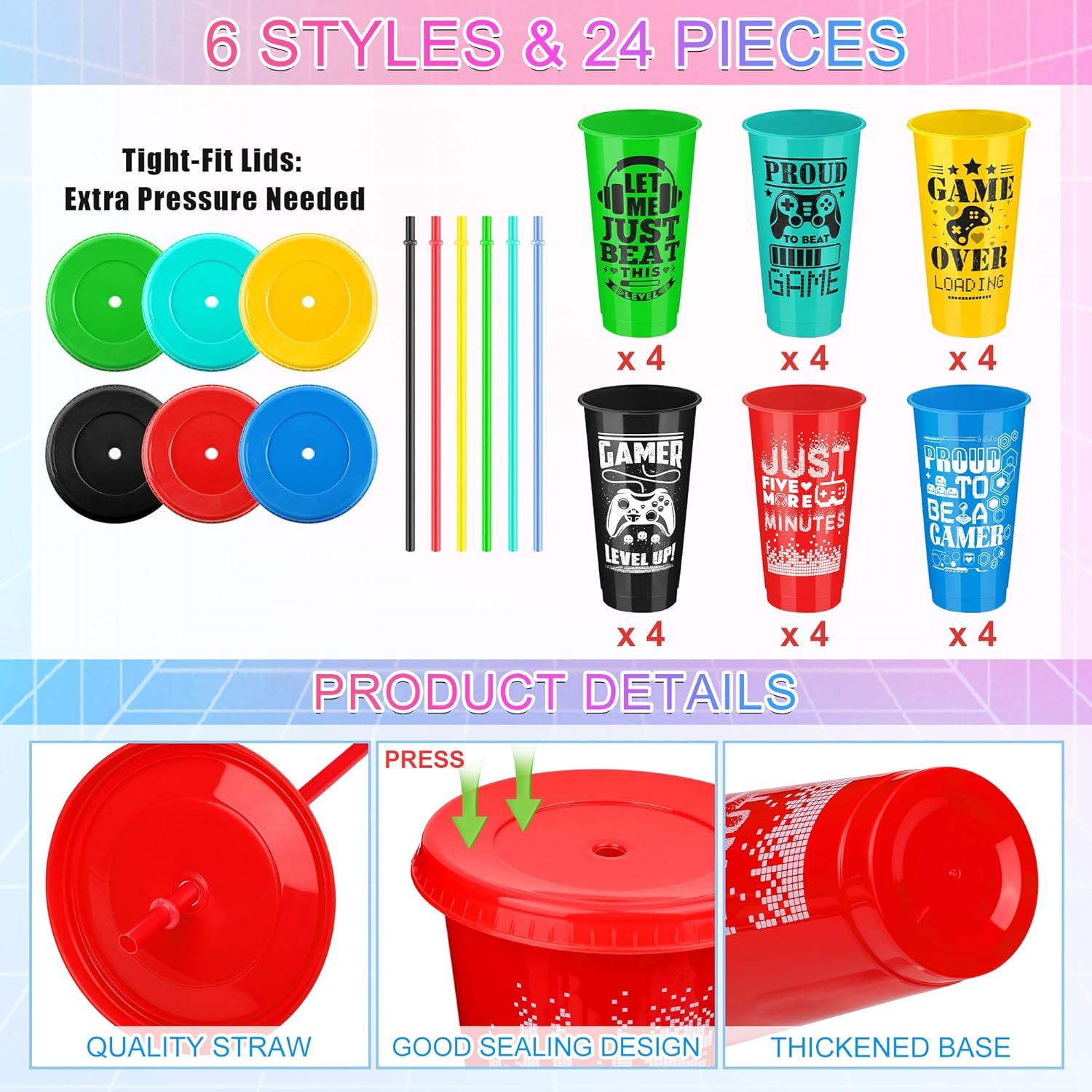 Kochorie 24 Pieces Video Game Plastic Cups 24 Ounces Gaming Party Cups with Lids and Straws Mixed Colors Video Game Tumbler Cups for Birthday Party Video Game Party Supplies Tableware