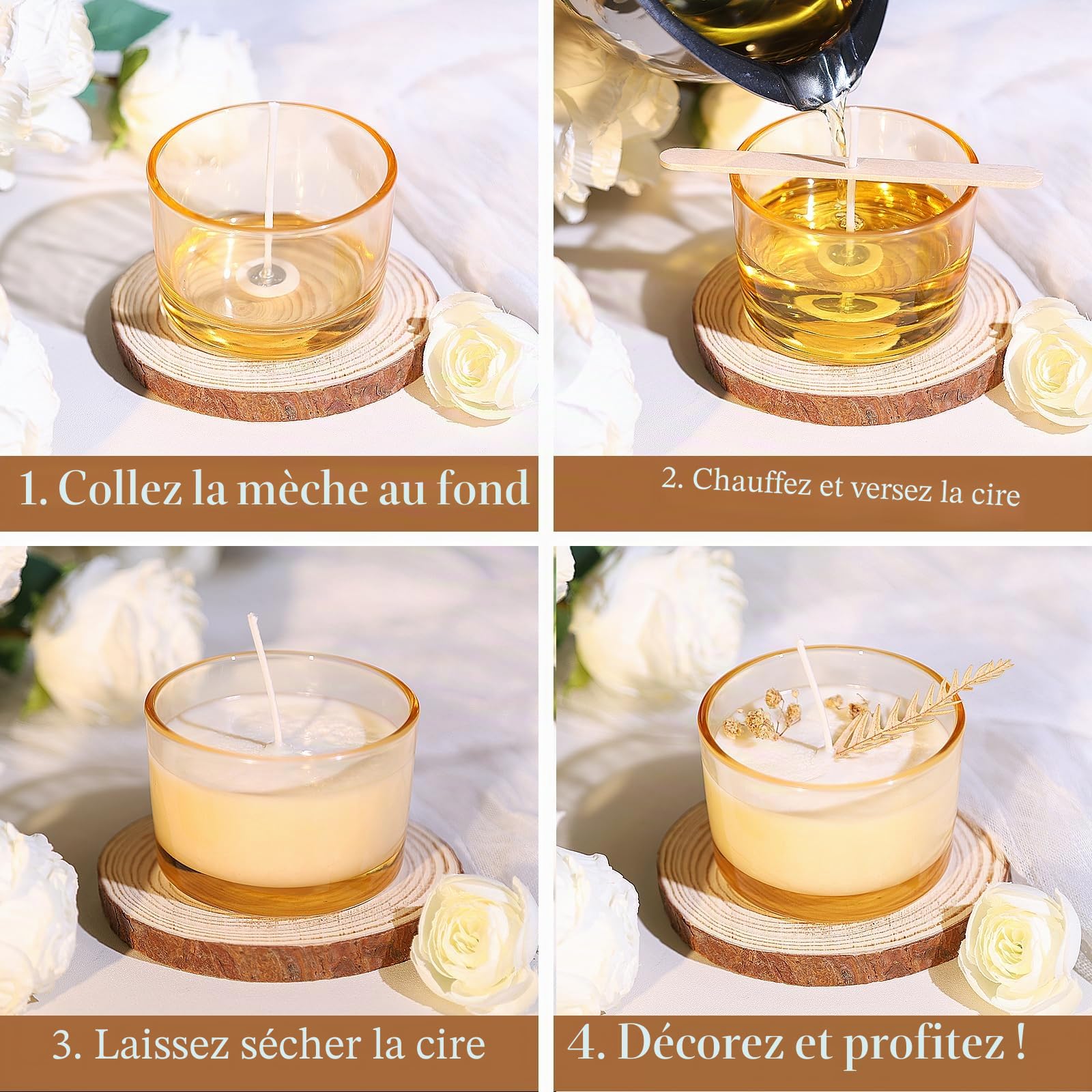 CONNOO Lot de 15 bocaux en verre ambré doré de 118 ml avec couvercles hermétiques en bambou pour la fabrication de bougies, récipients à bougies vides avec étiquettes adhésives