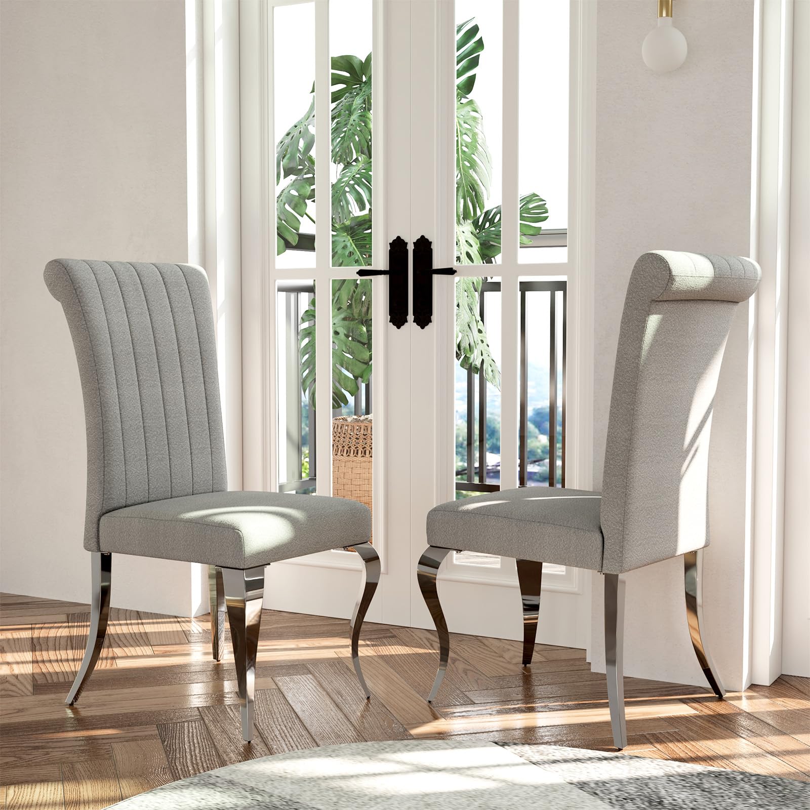 Grey and Silver Boucle Upholstered Dining Chairs Set of 2