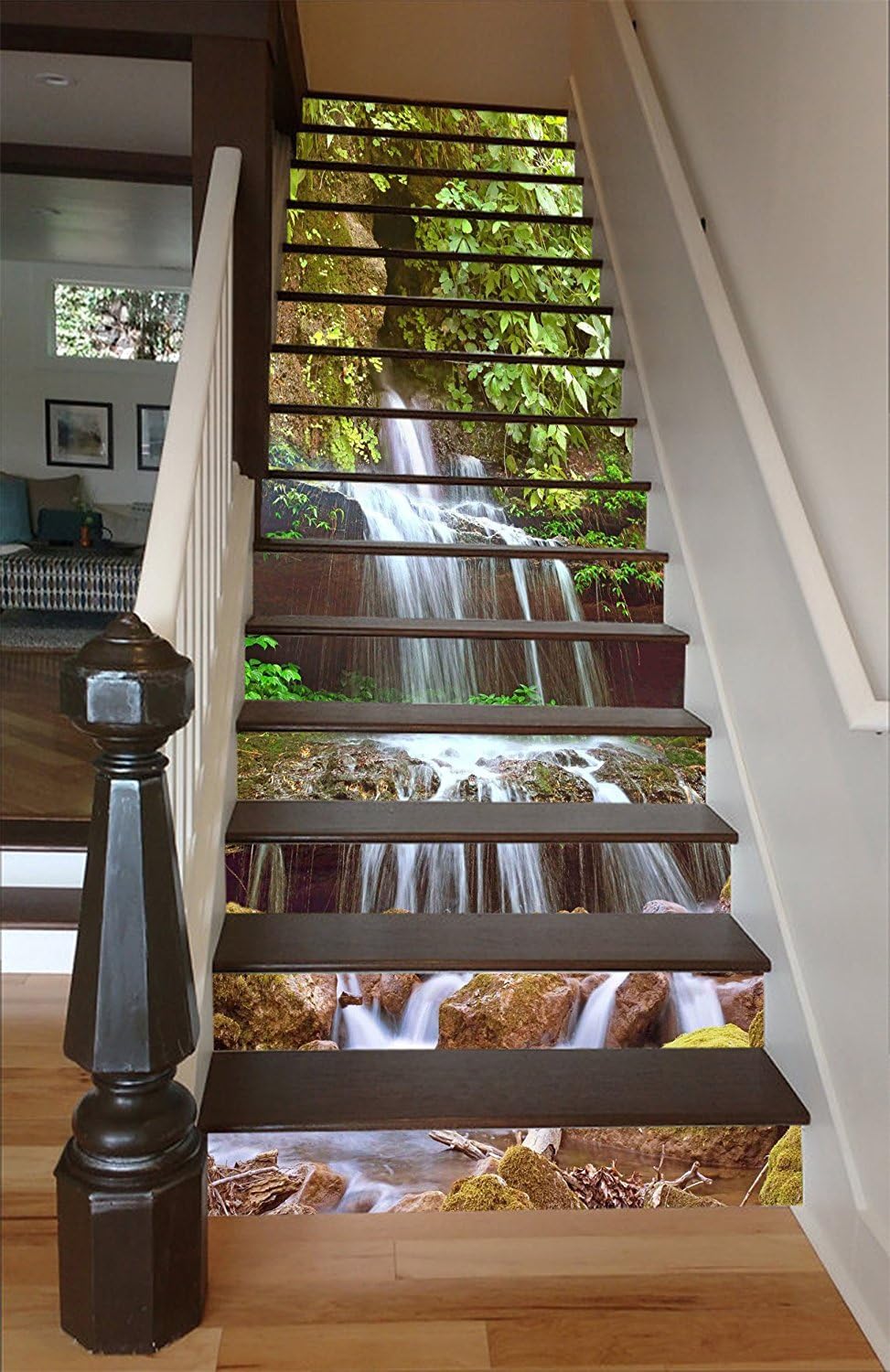 Estrellaw Cave Waterfall Scenery Stair Risers Decoration Photo Mural Vinyl Decal Wallpaper Murals Wallpaper Mural (13PCS, H:18cm x W:94cm (7"x37"))
