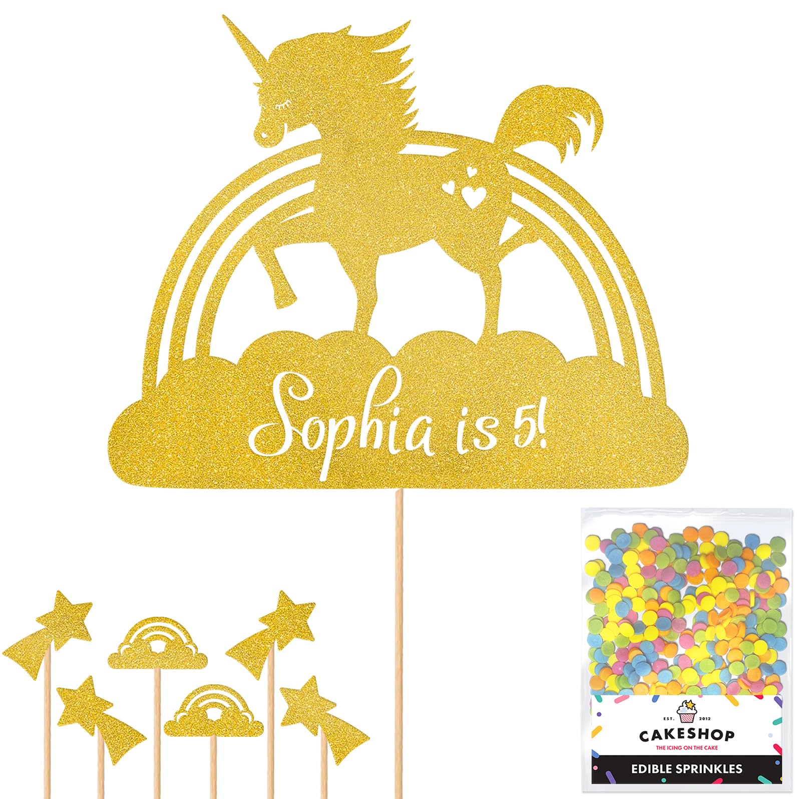 Personalised Unicorn Rainbow Glitter Cake Topper- Gold Any Custom Age & Name Glitter Cake Decoration and Sprinkles - Happy Birthday Decorations - Personalised Toppers for Cakes by Cakeshop