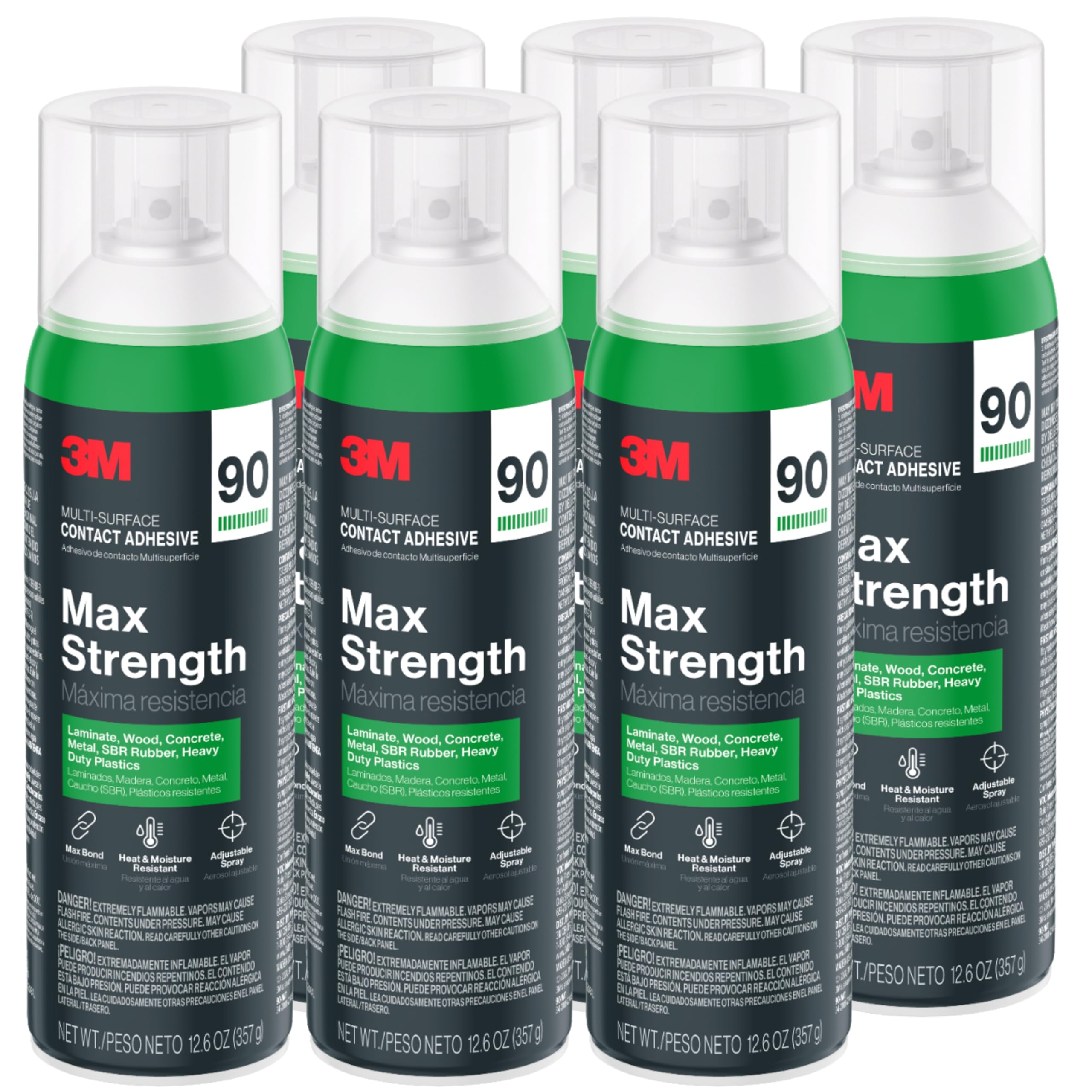 Max Strength 90 Contact Adhesive Spray, 12.6 oz (Pack of 6) – Low VOC Heavy Duty Glue with Adjustable Nozzle, Heat & Water Resistant Bond for Metal, Wood, Plastic, Laminate, Concrete