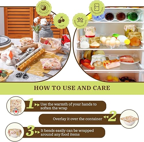 Miniatura 5 de Moukeren 3 rollos reutilizables de cera de abejas de 13 x 40 pulgadas, envolturas de cera de abejas para alimentos, envoltorios de papel de cera de