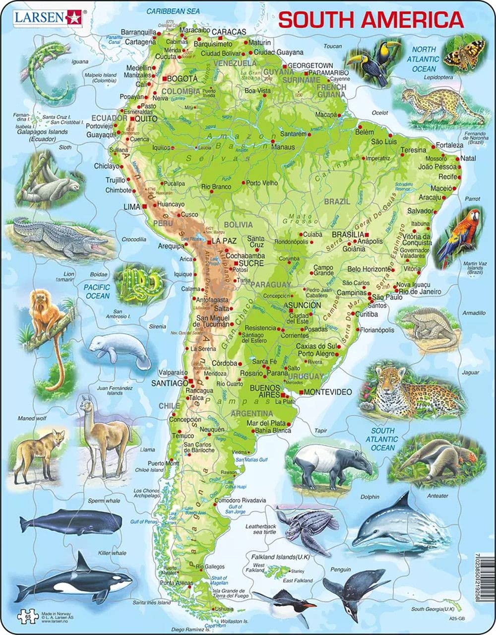 Larsen Puzzles South America Map with Animals 65 Piece Children's Educational Jigsaw Puzzle